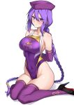  braided_ponytail breasts commission competition_swimsuit deletethistag halcon heels highleg highleg_swimsuit melty_blood purple_gloves purple_headwear purple_legwear sion_eltnam_atlasia skeb_commission solo swimsuits thighhighs tsukihime wariza 