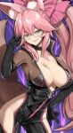  1girl absurdres animal_ear_fluff animal_ears bangs black_bodysuit blush bodysuit bow breasts center_opening choker cleavage fang fate/grand_order fate_(series) fox_ears fox_girl fox_tail hair_between_eyes hair_bow highres hip_vent koyanskaya_(fate) large_breasts long_hair looking_at_viewer open_mouth pink_bow pink_hair ponytail sidelocks smile solo tail tamamo_(fate) thighs tyone yellow_eyes 