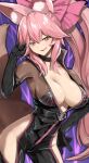  1girl absurdres animal_ear_fluff animal_ears bangs black_bodysuit blush bodysuit bow breasts center_opening choker cleavage fang fate/grand_order fate_(series) fox_ears fox_girl fox_tail hair_between_eyes hair_bow highres hip_vent koyanskaya_(fate) large_breasts long_hair looking_at_viewer open_mouth pink_bow pink_hair ponytail sidelocks smile solo tail tamamo_(fate) thighs tongue tongue_out tyone yellow_eyes 