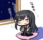  1girl :3 asashio_(kancolle) black_hair black_legwear blush_stickers chibi commentary_request cushion dress full_body kantai_collection kneeling long_hair long_sleeves lowres makura_(user_jpmm5733) night nose_bubble pinafore_dress remodel_(kantai_collection) sleeping solo thighhighs translation_request window zabuton 