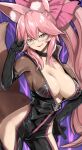  1girl absurdres animal_ear_fluff animal_ears bangs black_bodysuit blush bodysuit bow breasts center_opening choker cleavage fang fate/grand_order fate_(series) fox_ears fox_girl fox_tail glasses hair_between_eyes hair_bow highres hip_vent koyanskaya_(fate) large_breasts long_hair looking_at_viewer open_mouth pink_bow pink_hair ponytail sidelocks smile solo tail tamamo_(fate) thighs tongue tongue_out tyone yellow_eyes 