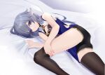  1girl absurdres bangs bed bed_sheet black_hair black_legwear blue_dress blue_eyes china_dress chinese_clothes closed_mouth dress fu_hua fu_hua_(valkyrie_accipter) hair_between_eyes highres honkai_(series) honkai_impact_3rd long_hair looking_at_viewer lying on_side sleeveless sleeveless_dress solo thighhighs wucanming 