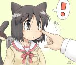  ! 1girl animal_ears artist_name black_eyes black_hair blush cat_ears cat_girl cat_tail closed_mouth commentary dated doughnut eyebrows_visible_through_hair food food_on_tail gaketsu gradient gradient_background green_background highres nichijou pointing pointing_at_another sailor_collar school_uniform shinonome_nano short_hair simple_background spoken_exclamation_mark tail tokisadame_school_uniform translated white_background winding_key 
