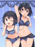  2girls ;d absurdres antennae arm_behind_back arm_behind_head arm_up armpits bangs bare_arms bare_shoulders black_hair blue_background blue_bra blue_eyes blue_nails blue_panties bra breasts collarbone commentary cowboy_shot gradient gradient_background greater_lophorina_(kemono_friends) groin head_wings highres index_finger_raised kemono_friends leaning_forward lingerie looking_at_viewer medium_breasts multiple_girls nail_polish navel one_eye_closed open_mouth panties shiraha_maru short_hair simple_background smile stomach tail thigh_gap underwear underwear_only western_parotia_(kemono_friends) 