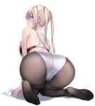  1girl ass ass_focus back bangs bare_arms bare_shoulders black_legwear blonde_hair blush breasts commentary_request competition_swimsuit eyebrows_visible_through_hair feet from_behind graf_zeppelin_(kancolle) grey_eyes highleg highleg_swimsuit highres kantai_collection kneeling large_breasts looking_at_viewer looking_back multicolored multicolored_clothes multicolored_swimsuit one-piece_swimsuit open_mouth pantyhose pantyhose_under_swimsuit revision rokuwata_tomoe simple_background soles solo swimsuit thighband_pantyhose toe_seam toes tsurime twintails two-tone_swimsuit white_background 