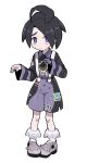  1boy absurdres ahoge allister_(pokemon) black_hair closed_mouth collared_shirt commentary gloves highres himawari_(kawaisounaedesu) knees long_sleeves male_focus mole mole_under_mouth number pigeon-toed pokemon pokemon_(game) pokemon_swsh purple_eyes raised_eyebrows shirt shoes short_hair shorts simple_background single_glove solo standing suspender_shorts suspenders white_background white_footwear 