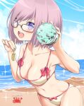  1girl bangs bare_shoulders beach blue_sky blush breasts cleavage collarbone crab fate/grand_order fate_(series) food glasses hair_over_one_eye ice_cream large_breasts light_purple_hair looking_at_viewer mash_kyrielight navel open_mouth purple_eyes short_hair sky smile spoon swimsuit thighs tyone white_swimsuit 