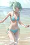  1girl absurdres aqua_bikini bikini blue_sky breasts cloud commentary_request day green_eyes hair_ornament hairclip highres large_breasts leaning_forward long_hair looking_at_viewer original outdoors ponytail side-tie_bikini sky small_breasts solo swimsuit takuan_(a_mood_home) wading waves 