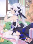  1girl absurdres back bangs blue_eyes border cake cake_slice closed_mouth cross_(weapon) curtains flower food food_on_face gift gloves hair_between_eyes hair_ornament happy_birthday highres holding holding_spoon honkai_(series) honkai_impact_3rd indoors looking_at_viewer no_shoes on_floor pink_flower pink_rose plate portrait_(object) rose sitting soles solo spoon theresa_apocalypse theresa_apocalypse_(twilight_paladin) thighhighs utensil_in_mouth white_gloves white_hair white_legwear wucanming 