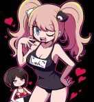  2girls 8takenokonosato8 :d ;d bangs bare_arms bare_shoulders bear_hair_ornament bikini black_background black_swimsuit blue_eyes border breasts cleavage collarbone danganronpa:_trigger_happy_havoc danganronpa_(series) enoshima_junko eyebrows_visible_through_hair fingernails floral_print freckles hair_ornament hand_on_hip hand_up heart heart_in_eye highres ikusaba_mukuro innertube large_breasts leaning_forward long_hair multiple_girls one_eye_closed open_mouth pink_border red_bikini red_nails sharp_fingernails simple_background smile solo_focus swimsuit symbol_in_eye translated twintails upper_teeth 