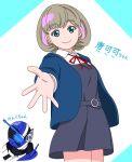  1boy 1girl bangs blue_cardigan blue_eyes blue_jacket cardigan commentary crossover dress eyebrows_visible_through_hair grey_dress grey_hair jacket kamen_rider kamen_rider_build kamen_rider_build_(series) long_sleeves looking_at_viewer love_live! love_live!_superstar!! neck_ribbon pinafore_dress pun red_neckwear redol ribbon school_uniform shiny shiny_hair short_hair smile tang_keke translated yuigaoka_school_uniform 