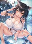  1girl :p animal_ears armpits bare_shoulders black_hair breasts bubble cat_ears cleavage collarbone covered_navel holding holding_hose hose large_breasts long_hair looking_at_viewer original see-through sitting swimsuit tongue tongue_out unohana_pochiko water wet white_swimsuit yellow_eyes 