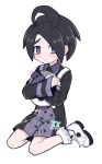  1boy absurdres ahoge allister_(pokemon) black_hair bright_pupils closed_mouth collared_shirt commentary frown full_body gloves highres himawari_(kawaisounaedesu) holding holding_mask long_sleeves male_focus mask mole mole_under_mouth number pokemon pokemon_(game) pokemon_swsh purple_eyes raised_eyebrows shirt shoes short_hair shorts simple_background single_glove sitting solo suspenders white_background white_footwear white_pupils 