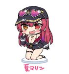  1girl bangs baseball_cap bikini black_headwear blush breasts chan_co chibi cleavage eyebrows_visible_through_hair eyewear_on_head fang full_body hat heart heart-shaped_eyewear heart_necklace heterochromia hololive houshou_marine jacket jewelry large_breasts long_hair long_sleeves looking_at_viewer necklace open_mouth red_bikini red_eyes red_hair simple_background smile solo sunglasses swimsuit thigh_strap virtual_youtuber white_background yellow_eyes 