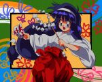  1990s_(style) 1girl abstract_background anime_coloring bangs blue_eyes blue_hair colorful commentary feet_out_of_frame floral_background gohei hair_ribbon hairband hakama hakama_pants highres holding japanese_clothes kiki_kaikai kimono long_hair long_sleeves looking_at_viewer low-tied_long_hair low_ponytail miko ofuda open_mouth outside_border pants potiri02 red_hakama retro_artstyle ribbon sayo_(kiki_kaikai) smile solo standing talisman texture very_long_hair white_hairband white_kimono white_ribbon wide_sleeves 