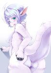  1girl animal_ears ass blue_eyes blue_hair blush body_fur breasts commentary_request completely_nude eyebrows_visible_through_hair furry furry_female highres kageroh medium_breasts nude short_hair solo sweat tail white_fur 
