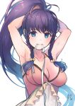  1girl armpits arms_up bangs blue_eyes blue_hair braid breasts cleavage eyebrows_visible_through_hair fire_emblem fire_emblem:_the_sacred_stones fire_emblem_heroes highres long_hair mouth_hold official_alternate_costume one-piece_swimsuit ponytail ribbon ribbon_in_mouth solo swimsuit tana_(fire_emblem) twin_braids tying_hair upper_body very_long_hair white_background yukimiyuki 