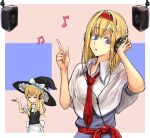 2girls =_= alice_margatroid apron bangs black_headwear black_vest blonde_hair blue_dress blue_eyes border bow capelet collared_capelet commentary_request cookie_(touhou) cowboy_shot dress eyebrows_visible_through_hair hairband hat hat_bow headphones hinase_(cookie) kirisame_marisa listening_to_music long_hair medium_hair multiple_girls musical_note necktie open_mouth outside_border red_hairband red_neckwear red_sash sash short_sleeves speaker touhou uzuki_(cookie) vest waist_apron white_apron white_border white_bow white_capelet witch_hat yma 