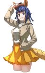  1girl armadillo_ears armadillo_tail beige_jacket beret blue_eyes blue_hair brown_headwear commentary_request cowboy_shot extra_ears eyebrows_visible_through_hair giant_armadillo_(kemono_friends) hand_in_pocket hand_on_headwear hat high-waist_skirt highres kemono_friends kemono_friends_3 long_sleeves official_alternate_costume pleated_skirt short_hair skirt solo sweater tanabe_(fueisei) turtleneck turtleneck_sweater white_sweater yellow_skirt 