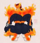  1boy artist_name beard bodysuit boku_no_hero_academia boots dirtyfox911911 endeavor_(boku_no_hero_academia) facial_hair fire from_behind full_body gloves grey_background highres looking_at_viewer looking_back male_focus mature_male meme muscular muscular_male red_hair short_hair simple_background solo spiked_hair squatting superhero 