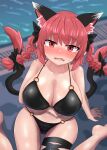  1girl animal_ear_fluff animal_ears arm_under_breasts bangs barefoot bikini black_bikini black_bow black_ribbon blurry blurry_background blush bow braid breasts cat_ears cat_tail chups cleavage eyebrows_visible_through_hair fang from_above hair_bow highres huge_breasts kaenbyou_rin leg_ribbon looking_at_viewer medium_hair multiple_tails nekomata o-ring o-ring_bikini open_mouth outdoors red_eyes red_hair red_nails ribbon shiny shiny_skin side_braids sitting solo sweatdrop swimsuit tail touhou twin_braids two_tails wariza 