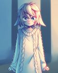  1girl absurdres angry blue_eyes closed_mouth cowboy_shot english_commentary frown highres horsefeathers long_sleeves looking_at_viewer original oversized_clothes short_hair solo sweater tearing_up twitter_username white_hair white_sweater 