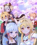  2boys 4girls armor bangs blonde_hair blue_jacket blunt_bangs brown_eyes carrying cherry_blossoms closed_eyes crossed_bangs day detached_sleeves dress flower genshin_impact grey_eyes grin hair_flower hair_ornament hair_tie high_ponytail jacket kaedehara_kazuha kamisato_ayaka leaf leaf_on_head looking_at_viewer lumine_(genshin_impact) multiple_boys multiple_girls one_eye_closed open_mouth orange_eyes outdoors piggyback ponytail raccoon_tail red_jacket sayu_(genshin_impact) sidelocks silver_hair sleeveless sleeveless_dress smile tail thoma_(genshin_impact) tree v white_dress white_flower white_sleeves ya_danhuang yellow_eyes yoimiya_(genshin_impact) 