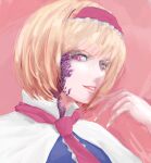  1girl alice_margatroid bangs blonde_hair blue_dress bob_cut bois_de_justice capelet commentary_request cookie_(touhou) dies_irae dress frilled_hairband frills hairband highres hinase_(cookie) looking_at_viewer nail_polish open_mouth pink_background pink_eyes pink_neckwear portrait red_hairband shinza_bansho_series short_hair solo tongue tongue_out touhou white_capelet white_nails yma 