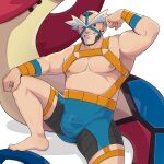  1boy barefoot bike_shorts black_eyes bulge clenched_hand crasher_wake facial_hair flexing geckobara gen_3_pokemon grin hand_up harness highres looking_down male_focus milotic muscular muscular_male nipples one_eye_closed pectorals pokemon pokemon_(creature) pokemon_(game) pokemon_dppt pose shirtless short_hair smile spread_legs teeth wristband 