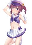  1girl arm_up bangs bare_shoulders blush bow brown_hair crop_top eyebrows_visible_through_hair gloves hair_between_eyes hand_on_headwear hat highres kuramoto_takato machikado_mazoku midriff navel parted_lips peaked_cap pleated_skirt purple_bow purple_eyes purple_shirt sailor_collar shirt shoes side_ponytail simple_background skirt sleeveless sleeveless_shirt socks solo white_background white_footwear white_gloves white_headwear white_legwear white_sailor_collar white_skirt yoshida_ryouko 