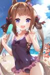  &gt;_&lt; 3girls animal_ears beach brown_hair collarbone commentary daiwa_scarlet_(umamusume) food highres horse_ears horse_girl horse_tail long_hair meyamu multiple_girls popsicle purple_eyes running sky special_week_(umamusume) sweep_tosho_(umamusume) swimsuit tail twintails umamusume 