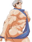  1boy abs arm_hair ass bara bare_pectorals beckoning between_pectorals body_hair bulge chest_hair come_hither erection erection_under_clothes eyepatch facial_hair from_behind grey_hair grin hairy highres large_pectorals looking_at_viewer male_cleavage male_focus male_pubic_hair mature_male meme_attire muscular muscular_male navel navel_hair nipples nude original outstretched_hand pectorals penis piikeisandaa pubic_hair revealing_clothes short_hair sideburns smile solo stomach stubble telford_(piikeisandaa) thick_thighs thighs uncensored unfinished white_background 