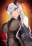  1girl aegir_(azur_lane) amadarel azur_lane bare_shoulders black_cape black_gloves bodystocking breast_curtains breasts cape covered_navel cross cross-laced_clothes cross_earrings demon_horns earrings elbow_gloves eyebrows_visible_through_hair from_below gloves hair_on_horn horns huge_breasts impossible_clothes iron_cross jewelry long_hair looking_at_viewer looking_down multicolored_hair red_hair skin_tight smile solo streaked_hair underbust white_hair yellow_eyes 