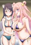  2girls animal_ears bangs bare_shoulders bikini black_hair blurry blurry_background blush breasts commentary cowboy_shot eyebrows_visible_through_hair from_side gradient_hair hair_between_eyes hair_ornament hair_rings hand_on_own_arm hand_up hatsune_(princess_connect!) highres long_hair looking_at_viewer medium_breasts micro_bikini multicolored_hair multiple_girls navel open_mouth parted_lips pointy_ears princess_connect! purple_eyes raised_eyebrows shiny shiny_hair shiori_(princess_connect!) siblings side-tie_bikini sisters star_(symbol) star_hair_ornament string_bikini sweat swimsuit tail thighs tiger_ears tiger_tail underboob v-shaped_eyebrows w yellow_eyes yue_(show-ei) 