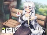  1girl antenna_hair bangs bench black_nails blue_eyes breasts chinese_commentary choker cleavage commentary_request eating food food_in_mouth hair_between_eyes hair_ornament hairpin highres holding holding_food honkai_(series) honkai_impact_3rd kiana_kaslana long_hair long_sleeves nail_polish open_mouth outdoors polo_shirt shirt sitting solo umaibou white_shirt wu-qiao 