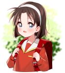  1girl :d backpack bag bangs blue_eyes blurry blurry_background blush brown_hair cropped_torso depth_of_field eyebrows_visible_through_hair hairband hands_up highres holding_strap long_sleeves looking_at_viewer meitantei_conan meito_(maze) open_mouth parted_bangs puffy_long_sleeves puffy_sleeves randoseru red_shirt sailor_collar school_uniform serafuku shirt sleeves_past_wrists smile solo upper_body white_hairband white_sailor_collar yoshida_ayumi 
