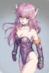  1girl bangs bare_shoulders breasts cleavage clenched_hands duplicate elbow_gloves eyebrows_visible_through_hair fujii_eishun gloves grey_background hair_behind_ear highres leotard long_pointy_ears looking_to_the_side nei open_mouth phantasy_star phantasy_star_ii pixel-perfect_duplicate pointy_ears purple_gloves purple_hair purple_leotard red_eyes solo 