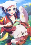  1girl :d absurdres akari_(pokemon) black_pants blue_hair blurry blush clenched_hand cloud collarbone commentary_request day eyelashes floating_hair grass grey_eyes head_scarf highres hisuian_form hisuian_growlithe jacket leaves_in_wind mountain open_mouth outdoors pants pokemon pokemon_(creature) pokemon_(game) pokemon_legends:_arceus pon_yui red_jacket shiny shiny_hair shoes sidelocks sky smile tongue white_headwear 