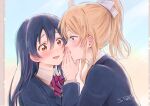  2girls ayase_eli bangs blonde_hair blue_eyes blue_hair blush bow commentary_request covering_mouth hair_ribbon hand_to_own_mouth highres long_hair long_sleeves looking_at_another love_live! love_live!_school_idol_project multiple_girls open_mouth otonokizaka_school_uniform ponytail ribbon school_uniform sonoda_umi suito swept_bangs whispering yellow_eyes 