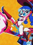  1girl :d american_flag_bikini bikini blue_eyes blue_gloves blue_hair boots cowboy_hat flag_print full_body gloves hand_on_headwear hat highres leg_up open_mouth orange_background original rocket_ship simple_background smile solo space_craft swimsuit twintails yungbird 