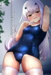  1girl arm_up blush breasts cameltoe covered_navel cowboy_shot fairy_knight_lancelot_(fate) fate/grand_order fate_(series) highres kuro_yanagi old_school_swimsuit one-piece_swimsuit school_swimsuit sidelocks small_breasts solo swimsuit translation_request wet wet_legwear white_hair white_legwear yellow_eyes 
