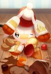  absurdres banana_slice blurry blush cherry closed_mouth commentary_request food frown fruit gen_8_pokemon glass highres ice_cream indoors looking_at_viewer no_humans one_eye_closed pokemon pokemon_(creature) purobe scorbunny solo spill upside-down wooden_floor 