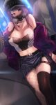  1boy 1girl bangs bare_shoulders black_choker breasts choker cleavage collarbone diagonal_bangs highres idolmaster idolmaster_shiny_colors large_breasts long_hair long_sleeves looking_at_viewer navel purple_eyes purple_hair skirt tanaka_mamimi toho_(kihon_ha_yappa) 