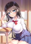  1girl artist_name bangs black_hair blue_eyes blue_skirt blurry blurry_background blush bra bra_peek breast_rest breasts classroom closed_mouth collared_shirt commentary_request depth_of_field desk eyebrows_visible_through_hair holding holding_pen light_smile long_hair long_sleeves looking_at_viewer medium_breasts miniskirt original pen pleated_skirt red_neckwear red_ribbon ribbon school_desk school_uniform shikitani_asuka shirt shirt_tucked_in sitting skirt solo straight_hair twitter_username underwear very_long_hair white_shirt 