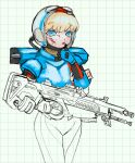  1girl apex_legends bangs blonde_hair blood blood_on_face blue_eyes blue_gloves eyebrows_visible_through_hair gloves goggles goggles_on_headwear gun helmet highres light_machine_gun open_mouth pyure_(pyure0729) rampage_lmg sketch solo unfinished wattson_(apex_legends) weapon white_headwear wired_for_speed_wattson 