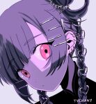  1girl artist_name bangs chain earrings expressionless eyebrows_visible_through_hair hair_ornament hairclip heart heart_hair_ornament jewelry looking_at_viewer myon_(tokipi) original portrait purple_theme red_eyes shadow simple_background solo white_background 