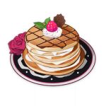  artist_request berry chocolate commentary dessert english_commentary flower food food_focus genshin_impact leaf lighter-than-air_pancake_(genshin_impact) lowres mint no_humans official_art pancake plate red_flower red_rose rose still_life third-party_source transparent_background whipped_cream 