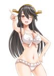  1girl absurdres bikini black_hair breasts brown_hair cleavage contrapposto cowboy_shot frilled_bikini frills hair_ornament hairband hairclip haruna_(kancolle) headgear highres kantai_collection looking_at_viewer medium_breasts navel one_eye_closed pointing simple_background skypixter smile solo standing swimsuit white_background white_bikini 