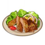  artist_request chicken_(food) commentary english_commentary food food_focus genshin_impact lettuce lowres no_humans official_art onion plate potato still_life third-party_source tomato tomato_slice transparent_background 
