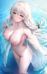  azur_lane bottomless breasts garter hermione_(azur_lane) nipples no_bra open_shirt oyuwari see_through wet 